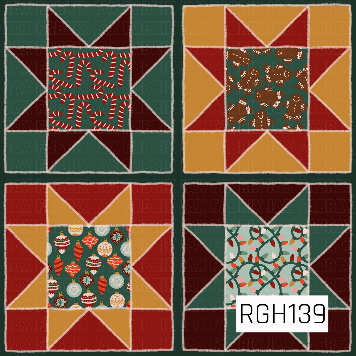 A cozy Christmas quilt-inspired pattern featuring four patchwork blocks with festive prints in the centers. Candy canes, gingerbread cookies, vintage ornaments, and colorful Christmas lights are surrounded by geometric quilt pieces in deep green, burgundy, bright red, and warm golden yellow.
