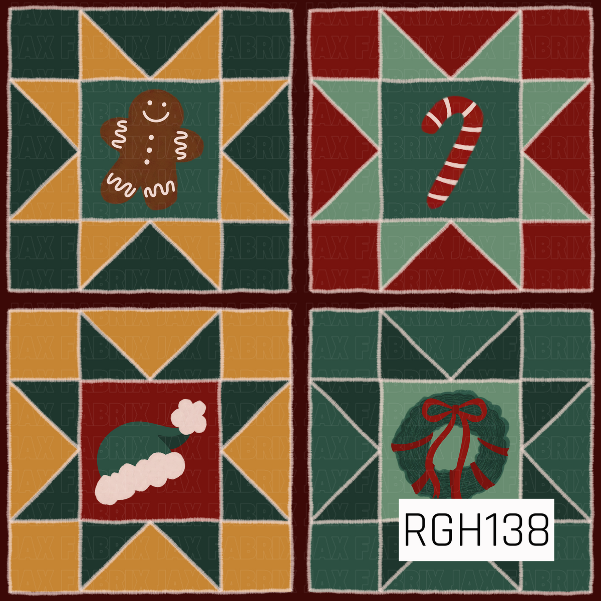 A festive quilt-inspired Christmas pattern featuring four patchwork blocks in rich holiday colors. Each block centers a classic seasonal icon including a smiling gingerbread man, striped candy cane, Santa hat, and wreath with a red bow. Deep greens, warm golden yellow, red, and soft mint create a cozy vintage Christmas feel.
