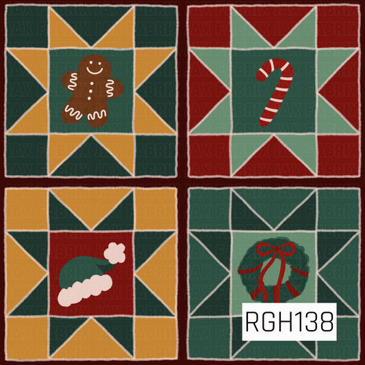 A festive quilt-inspired Christmas pattern featuring four patchwork blocks in rich holiday colors. Each block centers a classic seasonal icon including a smiling gingerbread man, striped candy cane, Santa hat, and wreath with a red bow. Deep greens, warm golden yellow, red, and soft mint create a cozy vintage Christmas feel.
