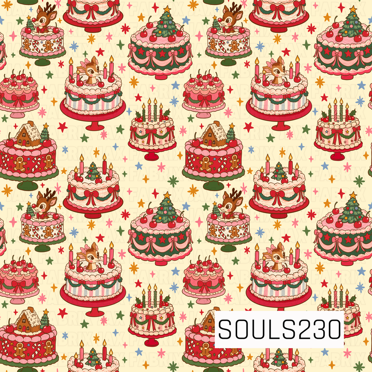 A whimsical retro Christmas bakery pattern filled with beautifully decorated vintage-style holiday cakes. Each cake has its own festive theme, featuring layers of pink and cream frosting, piped borders, scalloped icing, bows, draped garlands, cherries, stars, and classic red and green accents. Playful cake toppers include sweet reindeer, miniature Christmas trees, gingerbread houses, gingerbread cookies, candy canes, holly, and glowing candles. Colorful mid-century inspired starbursts in red, pink, blue, gr