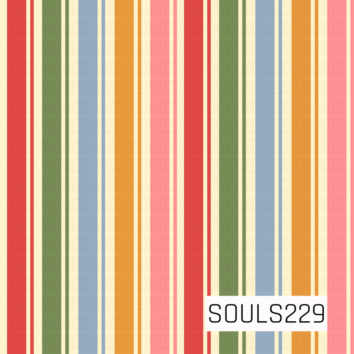 A cheerful retro stripe pattern featuring alternating vertical bands of bright red, olive green, soft blue, golden orange, and bubblegum pink against a warm cream background. Each bold stripe is accented with thinner coordinating lines, creating a layered vintage look with a playful mid-century inspired color palette.