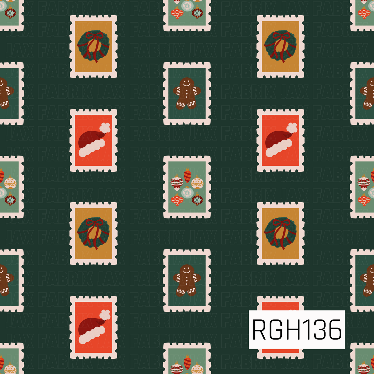 A festive Christmas pattern featuring vintage-inspired postage stamps scattered across a deep forest green background. Each stamp showcases a classic holiday motif including wreaths with red bows, smiling gingerbread men, Santa hats, and colorful retro ornaments in warm red, green, cream, and golden tones.
