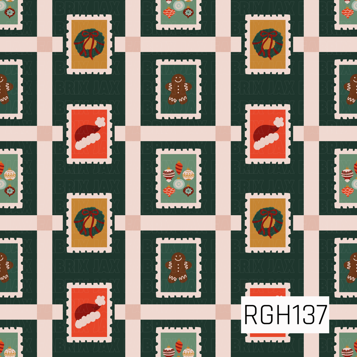 A festive Christmas pattern featuring vintage-inspired postage stamps arranged over a deep forest green plaid background. The stamps showcase classic holiday icons including wreaths with red bows, gingerbread men, Santa hats, and colorful retro ornaments in warm red, green, cream, and golden tones.
