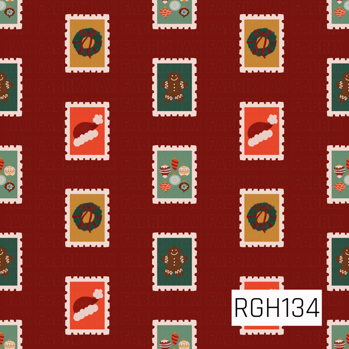 A festive Christmas pattern featuring vintage-inspired postage stamps filled with holiday favorites, including wreaths with bows, gingerbread men, Santa hats, and colorful ornaments. The stamps are scattered across a rich red background for a playful retro holiday look.
