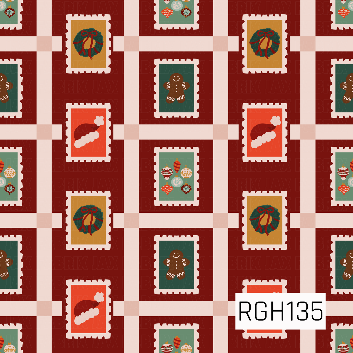 A festive Christmas pattern featuring vintage-style postage stamps with holiday icons including wreaths, gingerbread men, Santa hats, and colorful ornaments. The stamps are scattered over a rich red background layered with a wide cream plaid for a cozy, retro holiday look.
