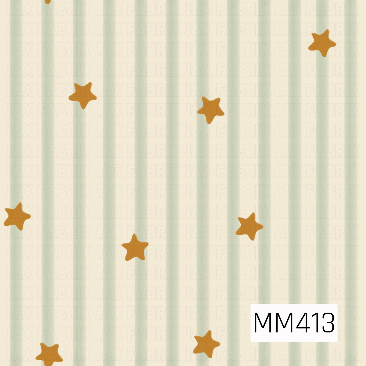 A whimsical pattern featuring scattered golden stars over soft, sage green vertical stripes on a warm cream background. The hand-painted texture and muted color palette give the design a cozy, vintage-inspired feel.
