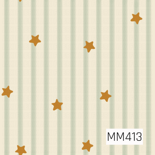 A whimsical pattern featuring scattered golden stars over soft, sage green vertical stripes on a warm cream background. The hand-painted texture and muted color palette give the design a cozy, vintage-inspired feel.
