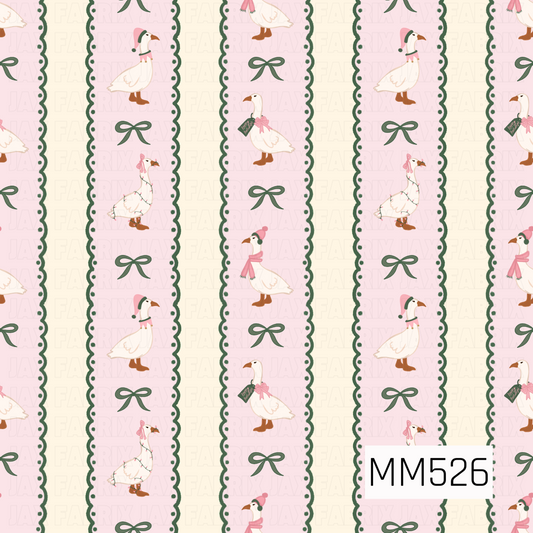 A sweet and whimsical Christmas goose pattern featuring alternating vertical blush pink and creamy ivory stripes bordered by delicate forest green scalloped edges. The pink stripes showcase adorable white geese wearing festive pink hats, cozy scarves, bows, and twinkling Christmas lights, paired with dainty green ribbon bows. The soft, hand-painted textures, pastel pink tones, and charming holiday details create a playful, feminine design with a cozy vintage Christmas feel.