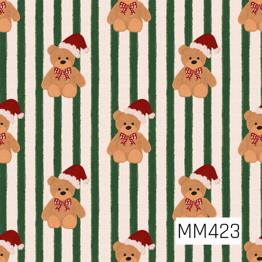 A festive Christmas pattern featuring sweet brown teddy bears wearing classic red Santa hats and red gingham bows. The bears are scattered across a soft cream background with hand-painted vertical forest green stripes for a cozy, vintage holiday feel.
