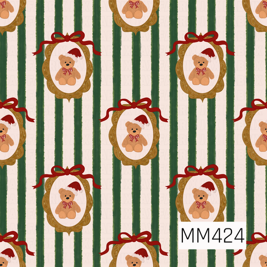 A vintage-inspired Christmas pattern featuring sweet teddy bears dressed in Santa hats and red gingham bows, each framed inside an ornate antique gold frame topped with a flowing red ribbon bow. The design is scattered across a soft cream background with hand-painted forest green vertical stripes.
