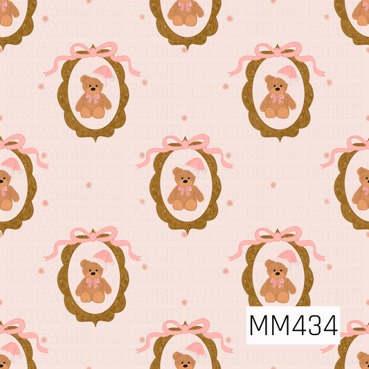 A sweet pastel Christmas pattern featuring teddy bears wearing soft pink Santa hats and pink gingham bows, each nestled inside an ornate vintage gold frame topped with a delicate pink ribbon bow. Scattered pink dots decorate the pale blush background for a soft, whimsical holiday feel.
