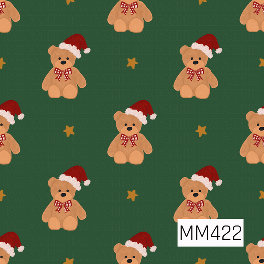 A festive Christmas pattern featuring sweet teddy bears wearing classic red Santa hats and red gingham bows. Scattered golden stars add a playful touch, all set against a rich forest green background with a soft hand-painted style.
