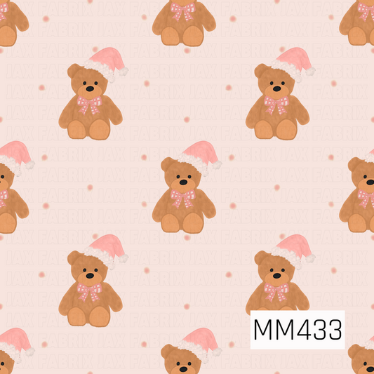 A sweet pastel Christmas pattern featuring brown teddy bears wearing soft pink Santa hats and pink gingham bows. The bears are scattered across a pale blush background with subtle pink dots, creating a cozy and playful holiday look.
