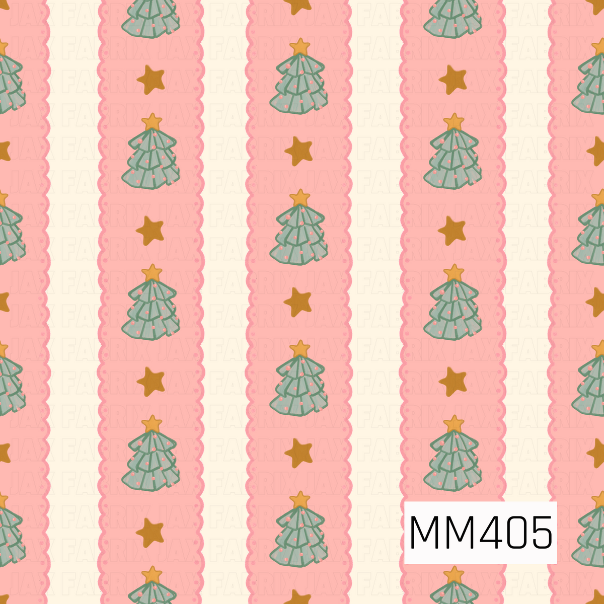 A festive Christmas stripe pattern featuring soft pink scalloped bands decorated with whimsical green Christmas trees, golden stars, and tiny pink ornaments. The alternating cream stripes give the design a sweet, playful holiday feel with a soft pastel color palette.
