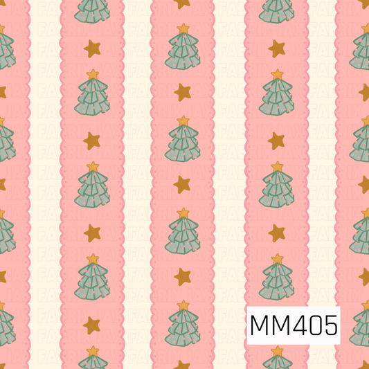 A festive Christmas stripe pattern featuring soft pink scalloped bands decorated with whimsical green Christmas trees, golden stars, and tiny pink ornaments. The alternating cream stripes give the design a sweet, playful holiday feel with a soft pastel color palette.
