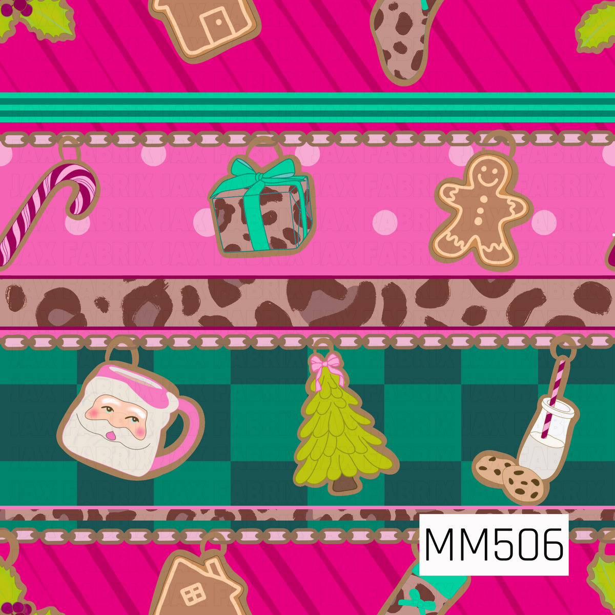 A bold retro Christmas design featuring horizontal bands of hot pink, pink polka dots, brown leopard print, and deep teal checkerboard. Gold chain details separate the stripes and hold festive charm-style illustrations including candy canes, leopard-print presents with teal bows, gingerbread cookies and houses, a Santa mug, a lime green Christmas tree with a pink bow, and milk with cookies. Bright pink, teal, red, lime green, and leopard accents give the design a fun, funky holiday feel.