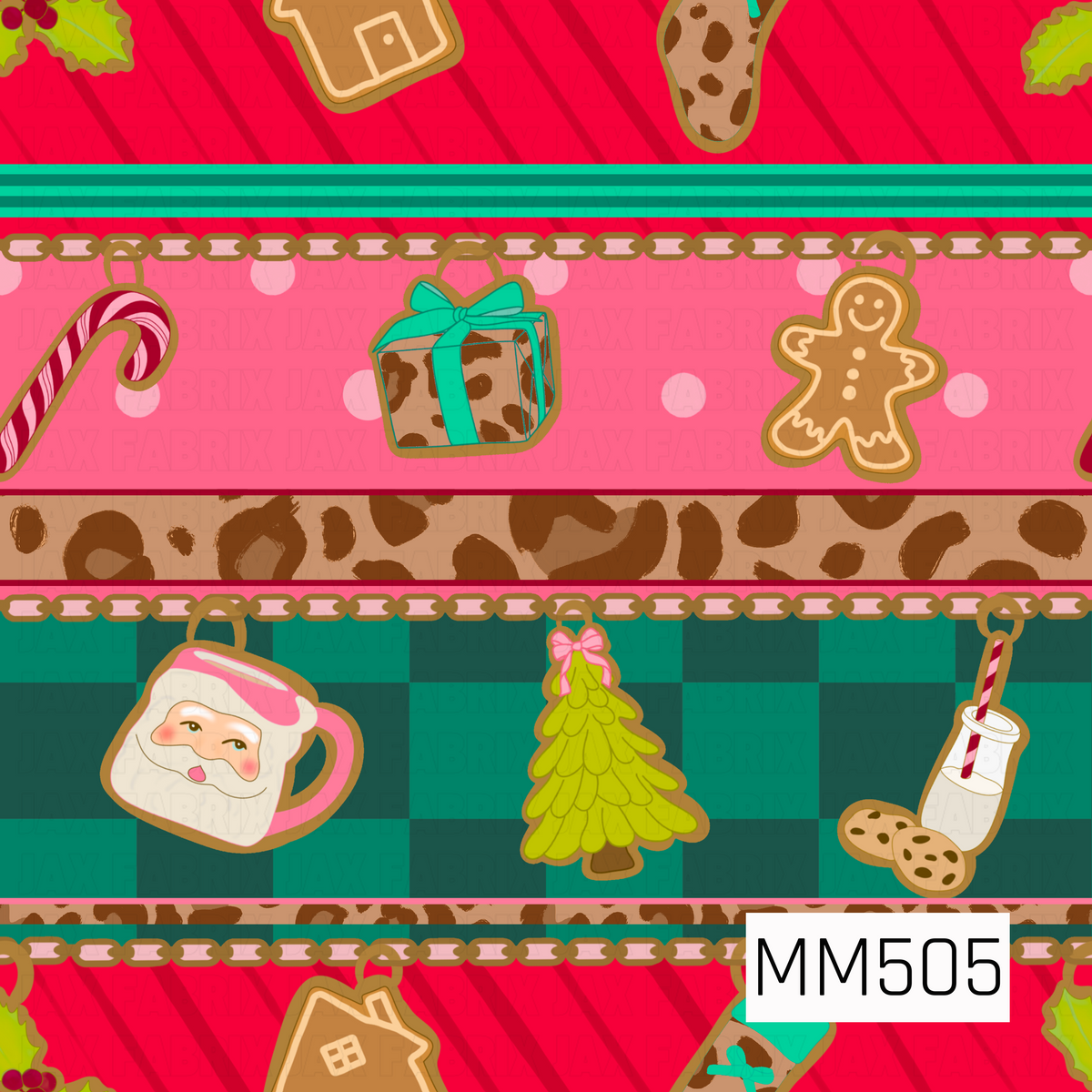 A playful retro Christmas stripe featuring alternating horizontal bands of bright red diagonal stripes, bubblegum pink polka dots, warm brown leopard print, and deep teal checkerboard. Festive charm-style ornaments hang throughout the design, including a pink Santa mug, lime green Christmas tree with a pink bow, gingerbread cookies and houses, candy canes, milk and cookies, and leopard-print presents tied with teal bows. Decorative gold chain borders and layered teal accents separate the stripes, while the 
