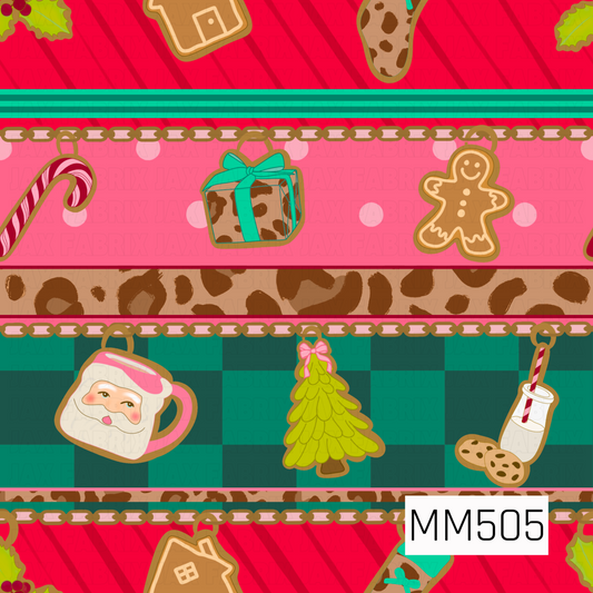 A playful retro Christmas stripe featuring alternating horizontal bands of bright red diagonal stripes, bubblegum pink polka dots, warm brown leopard print, and deep teal checkerboard. Festive charm-style ornaments hang throughout the design, including a pink Santa mug, lime green Christmas tree with a pink bow, gingerbread cookies and houses, candy canes, milk and cookies, and leopard-print presents tied with teal bows. Decorative gold chain borders and layered teal accents separate the stripes, while the 