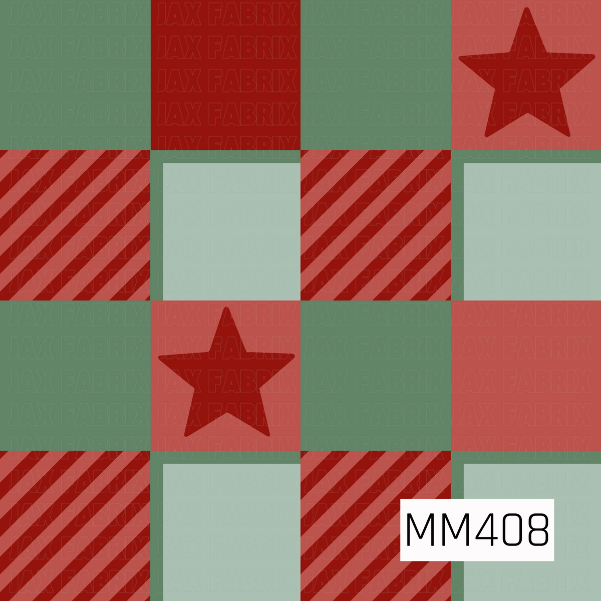 A festive patchwork-style pattern featuring alternating blocks of sage green, mint, red, and coral. Candy cane stripes and bold red stars add playful Christmas details throughout the oversized checkerboard design.
