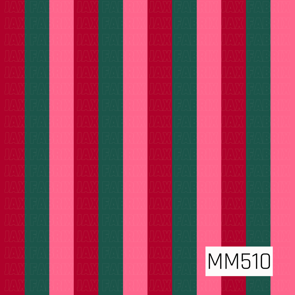 A bold vertical stripe pattern featuring wide alternating bands of rich Christmas red, deep evergreen teal, and bright bubblegum pink. The evenly spaced stripes create a clean, graphic look, while the unexpected pop of pink adds a fun retro twist to the traditional red and green holiday palette.