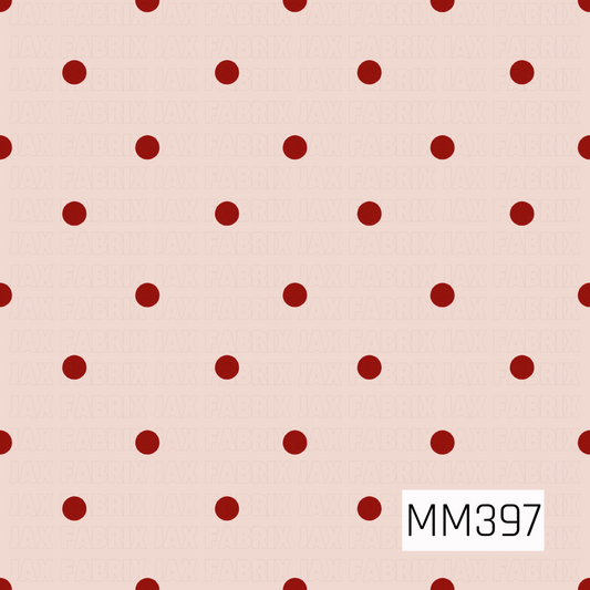 A simple polka dot pattern featuring deep red dots evenly scattered across a soft blush pink background. The minimal design has a clean, classic look with a warm and festive color palette.
