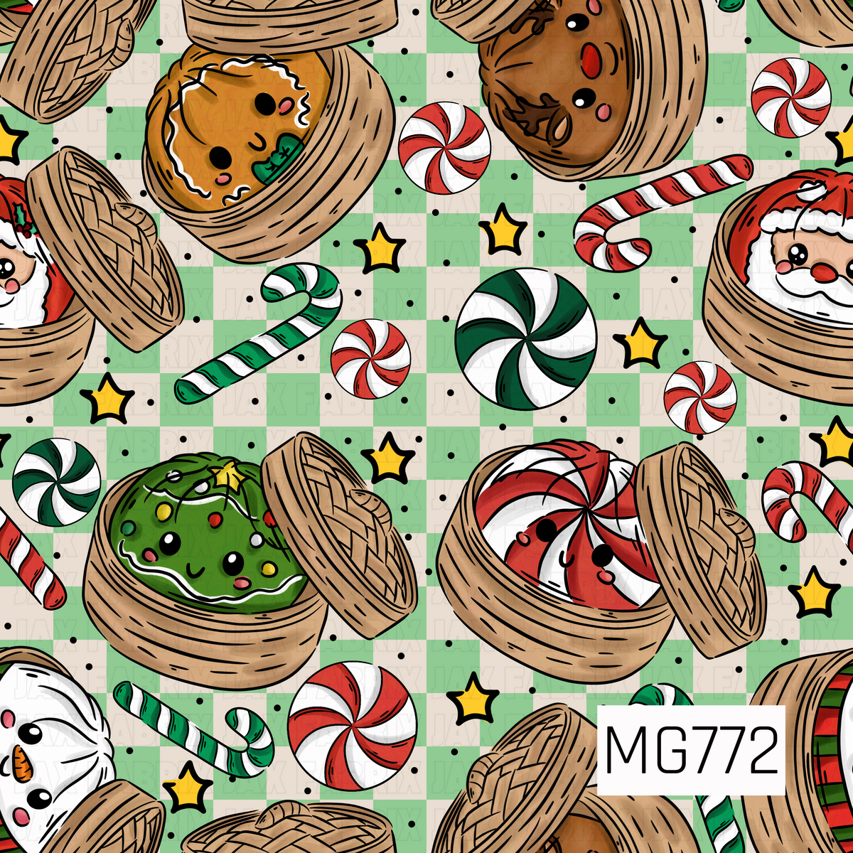 A playful Christmas pattern featuring adorable smiling holiday-themed dumplings tucked inside bamboo steamer baskets. Festive characters include Santa, a snowman, a gingerbread cookie, a decorated Christmas tree, and a peppermint candy. Red, white, and green candy canes, swirling peppermint candies, golden stars, and scattered black dots are arranged over a soft mint green and cream checkerboard background, creating a cheerful and whimsical holiday design.