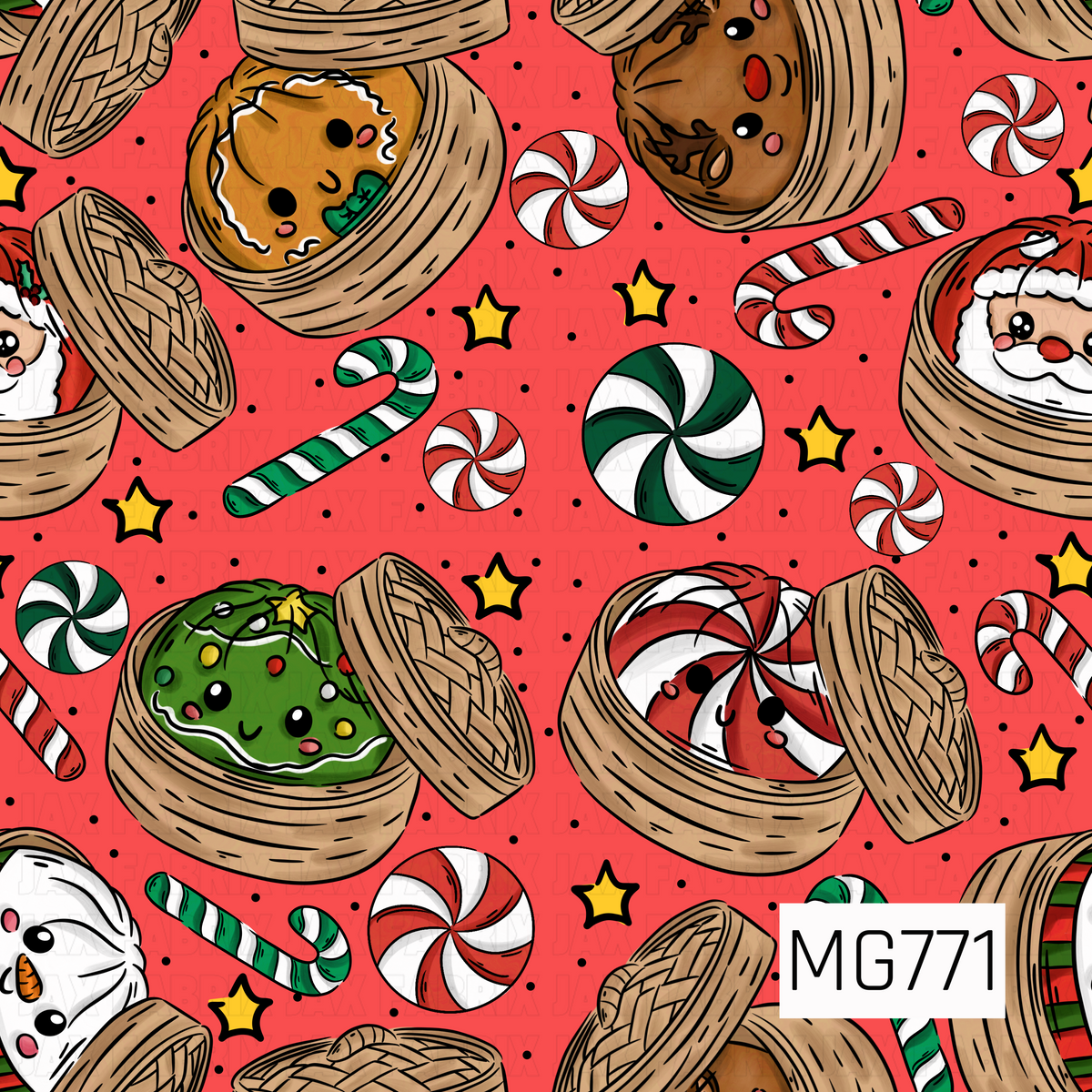 A playful Christmas pattern featuring adorable smiling holiday-themed dumplings tucked inside bamboo steamer baskets. Festive characters include Santa, a snowman, a gingerbread cookie, a decorated Christmas tree, and a peppermint candy. Red, white, and green candy canes, swirling peppermint candies, golden stars, and scattered black dots fill the bright red background, creating a cheerful and whimsical holiday design.