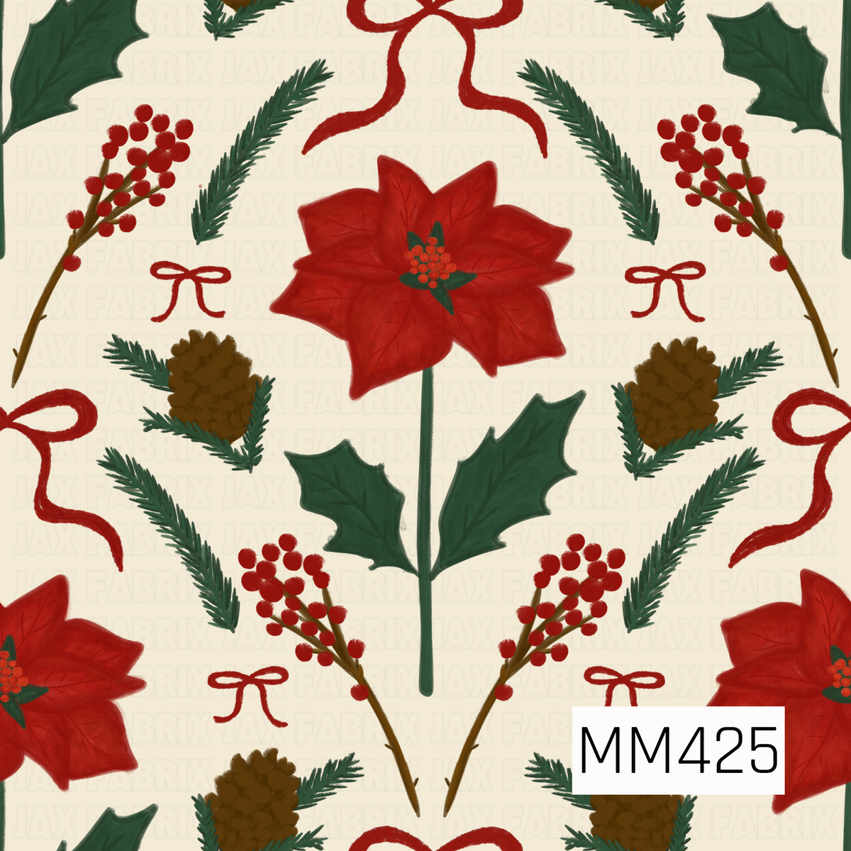 A hand-painted Christmas floral pattern featuring bold red poinsettias surrounded by holly leaves, bright red berries, pinecones, and evergreen sprigs. Delicate red ribbon bows are scattered throughout, all set against a warm cream background for a classic, cozy holiday look.
