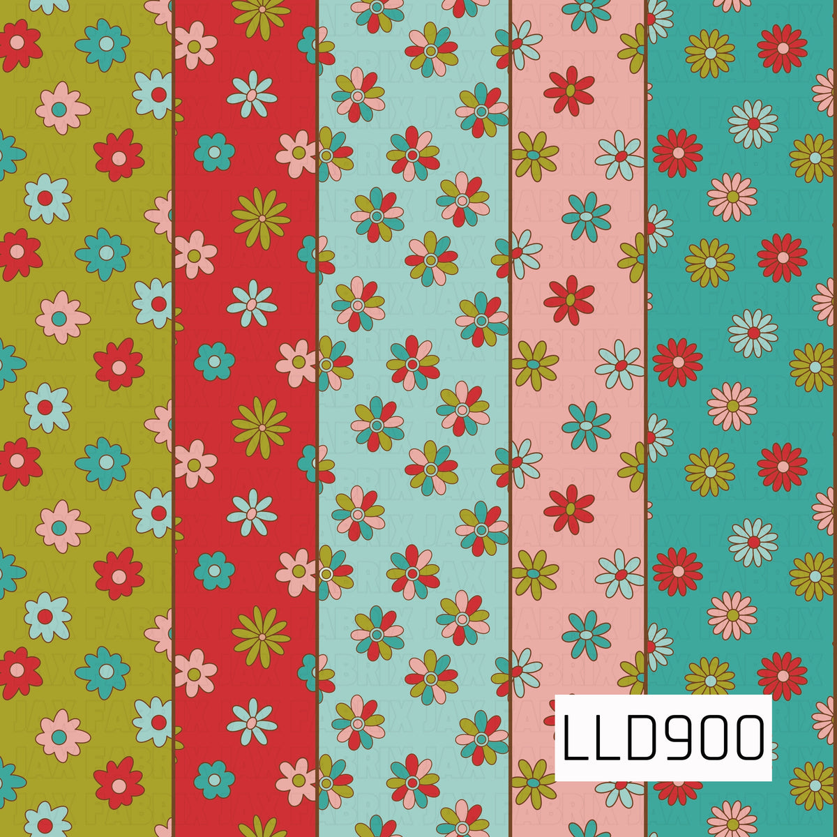 A bold retro floral stripe design featuring five coordinating vertical panels in olive green, bright red, pale aqua, soft pink, and turquoise. Each stripe is filled with playful hand-drawn flowers in coordinating shades of red, pink, blue, green, and mustard for a fun vintage-inspired look.
