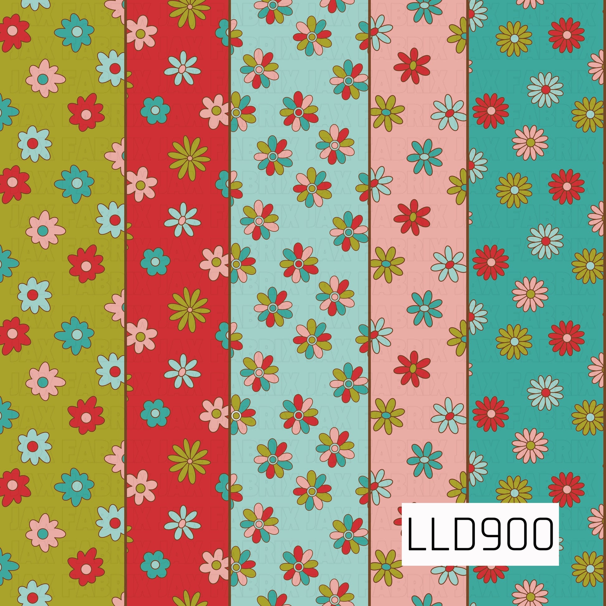 A bold retro floral stripe design featuring five coordinating vertical panels in olive green, bright red, pale aqua, soft pink, and turquoise. Each stripe is filled with playful hand-drawn flowers in coordinating shades of red, pink, blue, green, and mustard for a fun vintage-inspired look.
