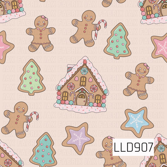A sweet pastel Christmas pattern featuring gingerbread boys and girls, decorated Christmas tree cookies, colorful snowflake star cookies, candy canes, and whimsical gingerbread houses. Soft pink, mint, aqua, lavender, and warm gingerbread tones give it a playful candy-shop holiday feel.
