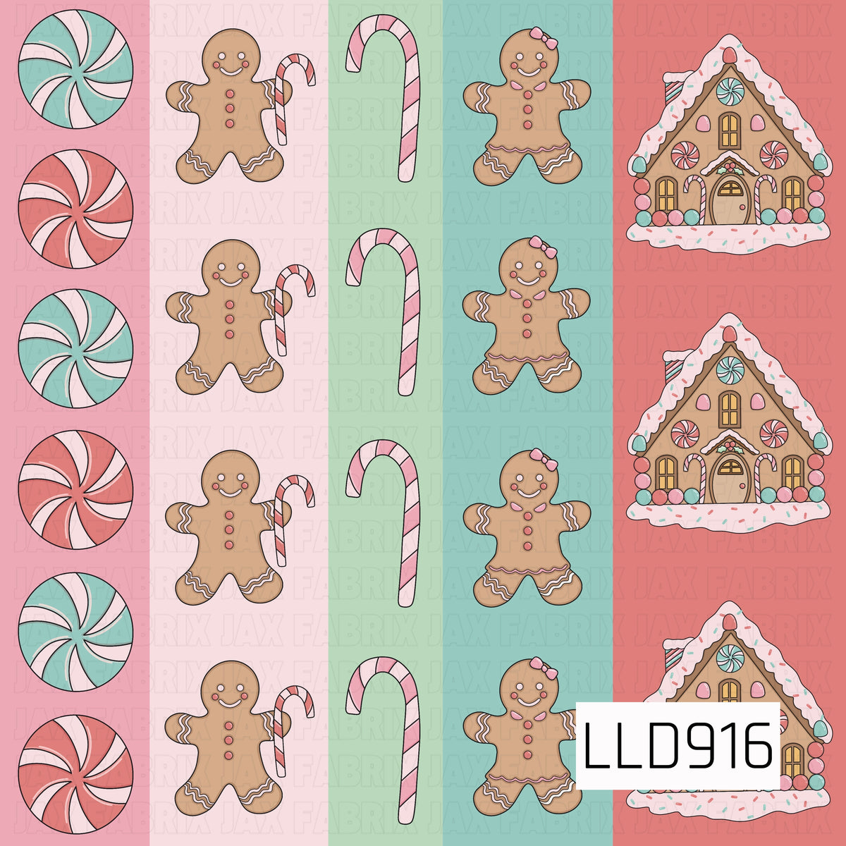 A festive striped Christmas design featuring peppermint candies, gingerbread people, candy canes, and decorated gingerbread houses. Soft pink, mint, aqua, and coral backgrounds give the traditional holiday sweets a playful pastel twist.

