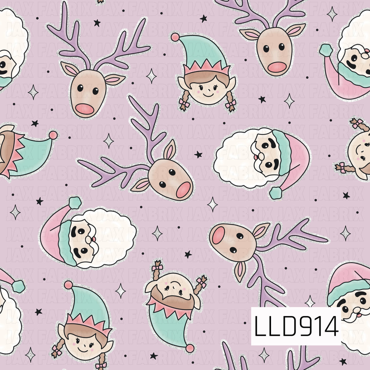 A whimsical pastel Christmas design featuring cheerful reindeer, smiling elves with braided pigtails, and jolly Santas scattered across a soft lavender-pink background. Mint, blush pink, lavender, and cream tones are accented with sparkly silver details, tiny stars, dots, and twinkles for a sweet and playful holiday look.
