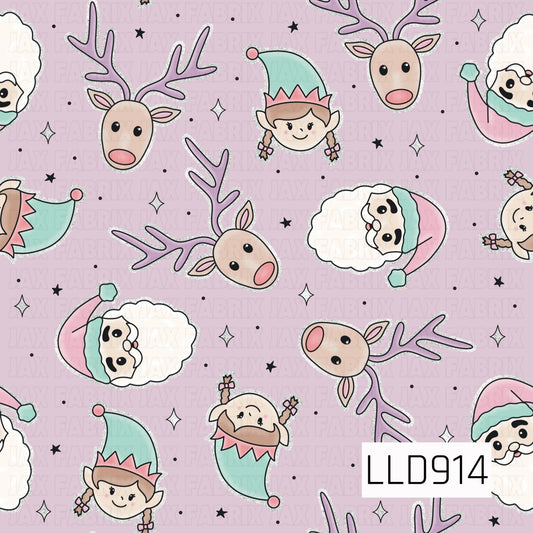 A whimsical pastel Christmas design featuring cheerful reindeer, smiling elves with braided pigtails, and jolly Santas scattered across a soft lavender-pink background. Mint, blush pink, lavender, and cream tones are accented with sparkly silver details, tiny stars, dots, and twinkles for a sweet and playful holiday look.

