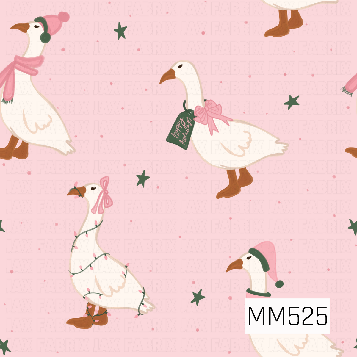 A sweet and whimsical Christmas goose pattern featuring adorable white geese with warm brown beaks and feet on a soft blush pink background. The geese wear festive accessories, including pink winter hats, cozy scarves, delicate bows, and twinkling Christmas lights. Scattered forest green stars and tiny pink dots add playful accents, while soft, hand-painted textures and charming holiday details create a cozy, feminine design with a whimsical storybook feel.
