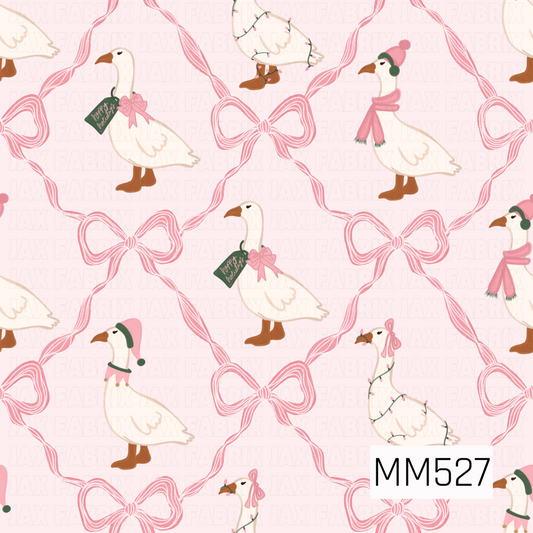A sweet and whimsical Christmas goose pattern featuring adorable white geese dressed in festive pink hats, cozy scarves, delicate bows, and twinkling holiday lights. The geese are arranged between oversized pink ribbon bows connected by flowing, wavy ribbons that create a charming lattice design against a soft blush pink background. The hand-painted textures, delicate ribbon details, and festive accessories create a playful, feminine holiday pattern with a cozy vintage Christmas feel.
