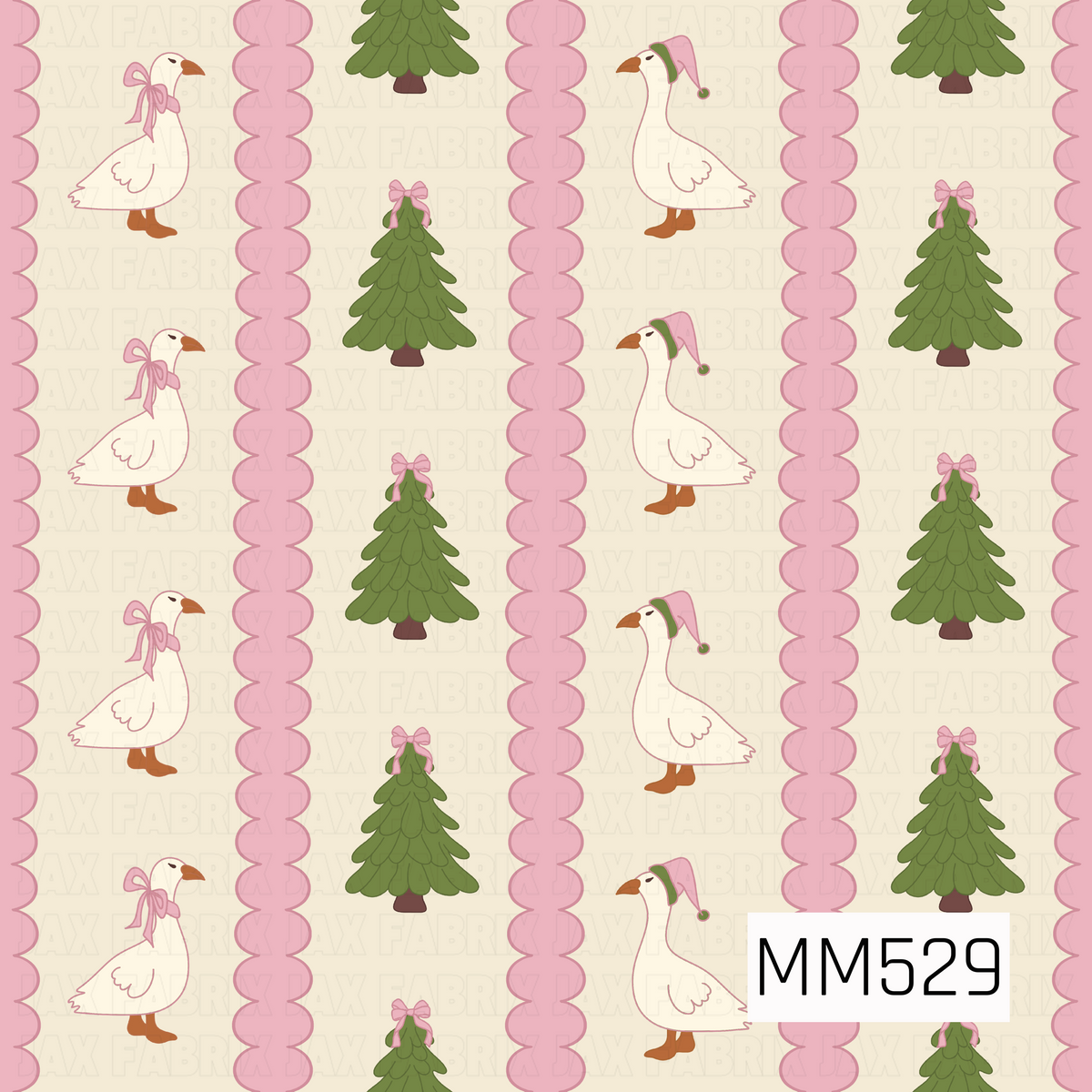 A sweet and whimsical Christmas goose pattern featuring adorable white geese wearing delicate pink bows and cozy pink winter hats, paired with charming olive green Christmas trees topped with pink ribbon bows. The geese and trees are arranged in alternating vertical rows on a warm creamy ivory background, separated by wide scalloped pink borders. The soft pastel colors, simple illustrated details, and playful holiday accents create a charming, feminine design with a cozy vintage Christmas feel.