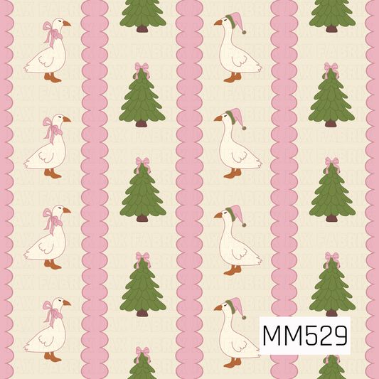 A sweet and whimsical Christmas goose pattern featuring adorable white geese wearing delicate pink bows and cozy pink winter hats, paired with charming olive green Christmas trees topped with pink ribbon bows. The geese and trees are arranged in alternating vertical rows on a warm creamy ivory background, separated by wide scalloped pink borders. The soft pastel colors, simple illustrated details, and playful holiday accents create a charming, feminine design with a cozy vintage Christmas feel.