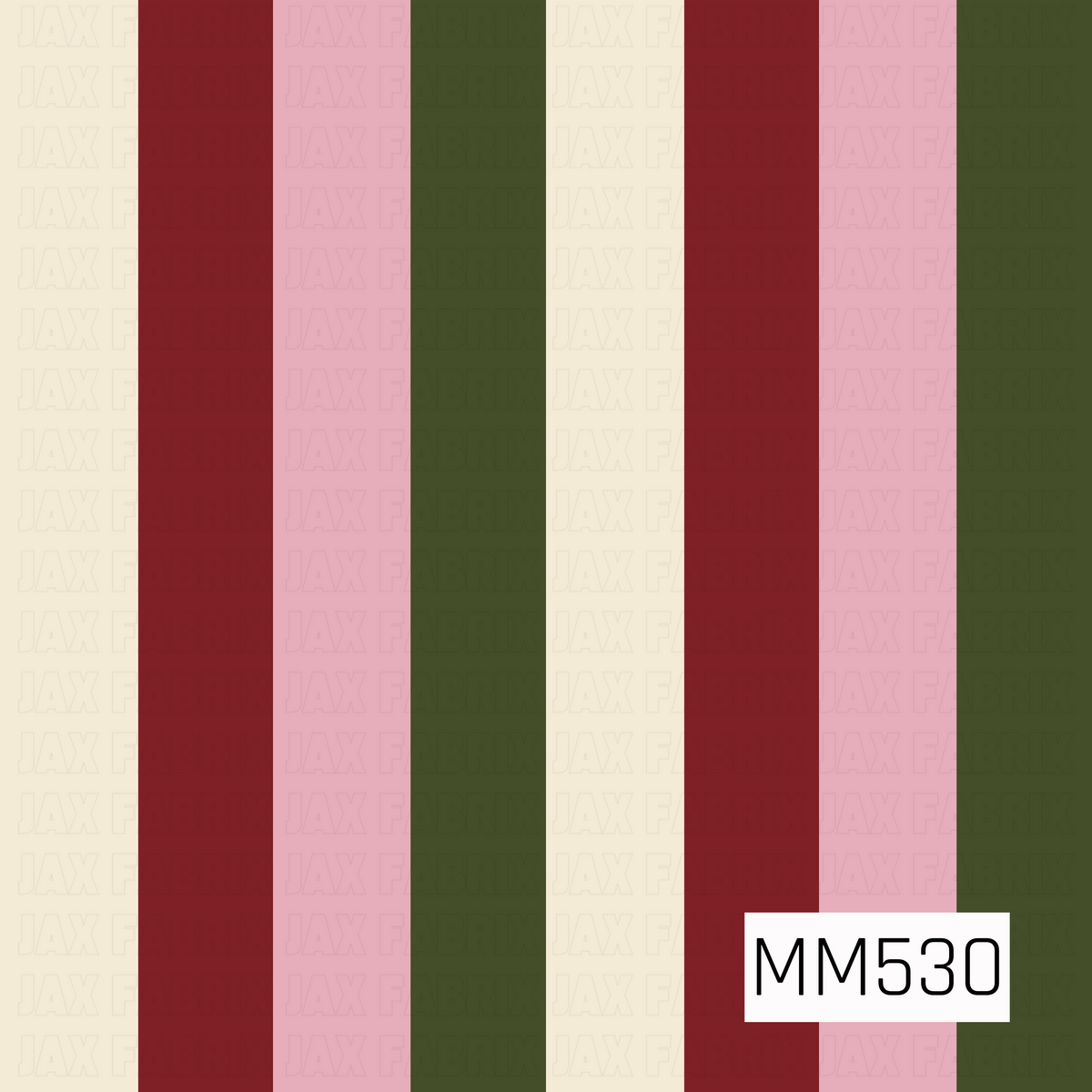 A classic and festive vertical stripe pattern featuring alternating wide bands of deep cranberry red, soft blush pink, rich olive green, and warm creamy ivory. The bold, evenly spaced stripes create a clean, balanced repeating design, while the combination of traditional Christmas colors and delicate pink accents gives the pattern a charming, preppy feel with a cozy vintage holiday touch.