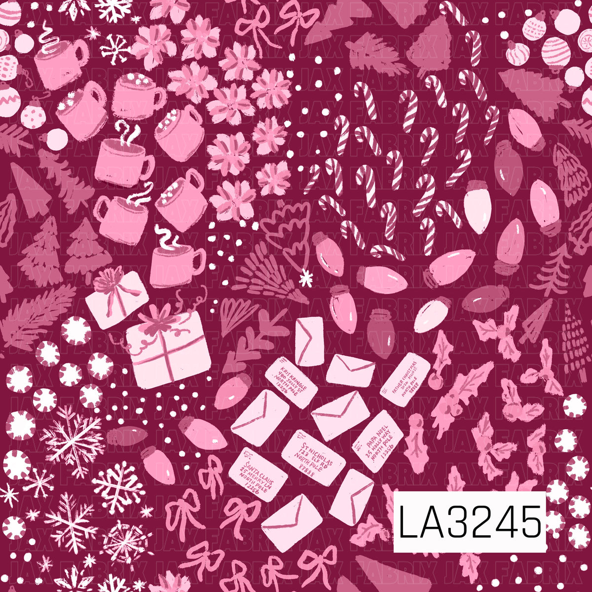 A playful Christmas pattern filled with candy canes, cocoa mugs, poinsettia-style flowers, bows, colorful string lights, wrapped gifts, letters to Santa, holly, evergreen branches, ornaments, peppermint candies, and scattered snowflakes. Shades of cranberry, blush pink, soft rose, and white create a fun monochromatic holiday palette with a whimsical hand-drawn feel.
