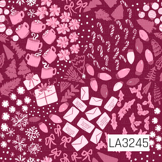 A playful Christmas pattern filled with candy canes, cocoa mugs, poinsettia-style flowers, bows, colorful string lights, wrapped gifts, letters to Santa, holly, evergreen branches, ornaments, peppermint candies, and scattered snowflakes. Shades of cranberry, blush pink, soft rose, and white create a fun monochromatic holiday palette with a whimsical hand-drawn feel.
