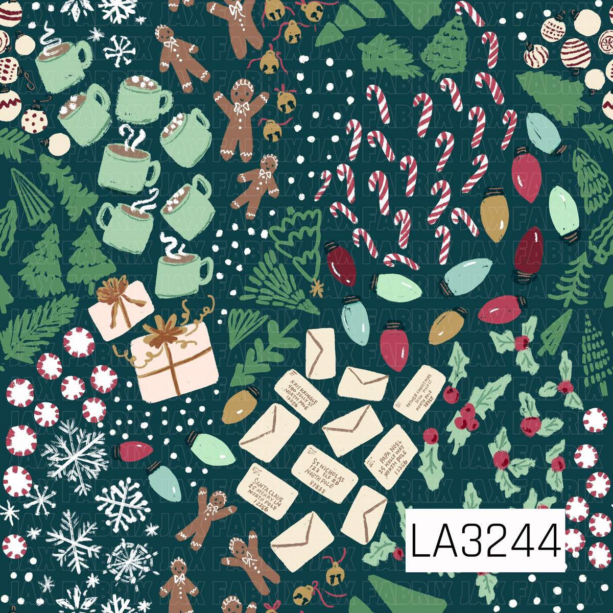 A festive hand-drawn Christmas pattern filled with gingerbread people, candy canes, peppermint candies, steaming cocoa mugs, colorful string lights, wrapped gifts, letters to Santa, holly, evergreen branches, bells, ornaments, and scattered snowflakes. Deep teal blue, classic red, mint, cream, green, and warm brown create a cozy vintage-inspired holiday palette.
