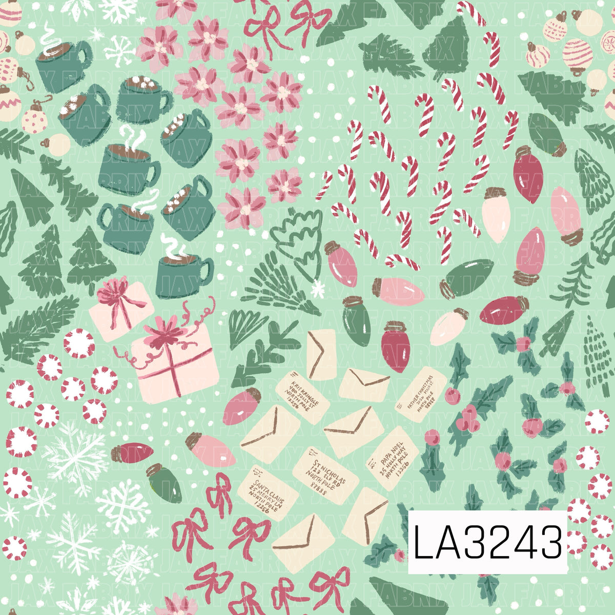 A cheerful Christmas pattern filled with candy canes, peppermint candies, hot cocoa mugs, colorful string lights, wrapped gifts, letters to Santa, holly, evergreen branches, snowflakes, flowers, and hand-drawn bows. Soft mint green, dusty pink, cranberry red, cream, and muted evergreen create a sweet vintage-inspired holiday color palette.
