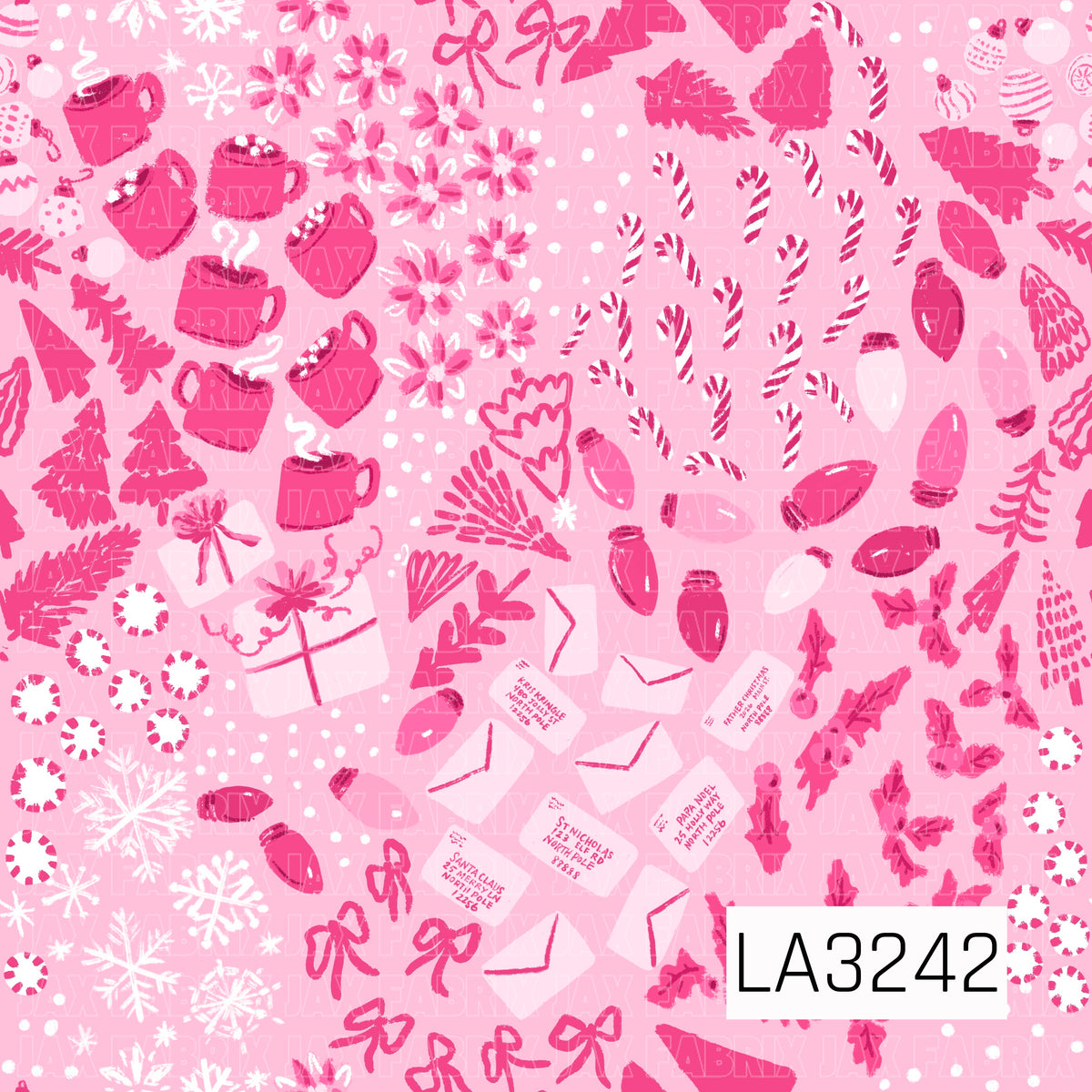 A playful pink Christmas pattern filled with candy canes, peppermint candies, hot cocoa mugs, colorful string lights, wrapped gifts, letters to Santa, holly, evergreen branches, snowflakes, flowers, and hand-drawn bows. Layers of blush, bubblegum pink, hot pink, white, and touches of deep berry create a bright, girly twist on classic holiday designs.
