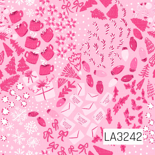 A playful pink Christmas pattern filled with candy canes, peppermint candies, hot cocoa mugs, colorful string lights, wrapped gifts, letters to Santa, holly, evergreen branches, snowflakes, flowers, and hand-drawn bows. Layers of blush, bubblegum pink, hot pink, white, and touches of deep berry create a bright, girly twist on classic holiday designs.

