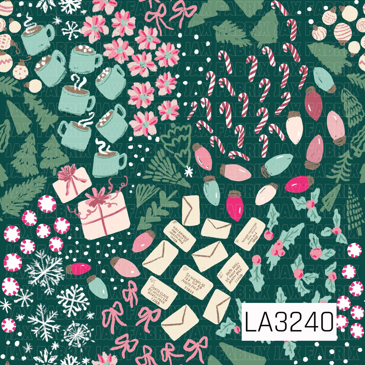 A whimsical Christmas pattern filled with candy canes, peppermint candies, hot cocoa mugs, colorful Christmas lights, pink poinsettias and bows, wrapped gifts, letters to Santa, holly, evergreen branches, ornaments, and snowy accents. A deep teal background paired with pinks, mint, red, and green gives it a fun and colorful holiday feel.
