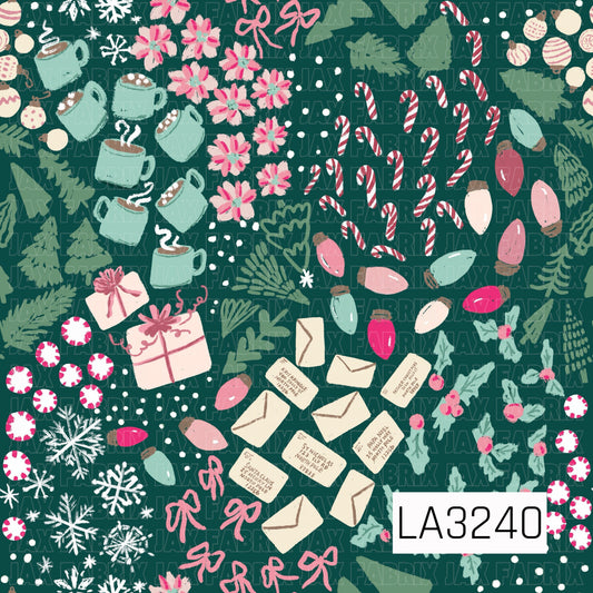 A whimsical Christmas pattern filled with candy canes, peppermint candies, hot cocoa mugs, colorful Christmas lights, pink poinsettias and bows, wrapped gifts, letters to Santa, holly, evergreen branches, ornaments, and snowy accents. A deep teal background paired with pinks, mint, red, and green gives it a fun and colorful holiday feel.

