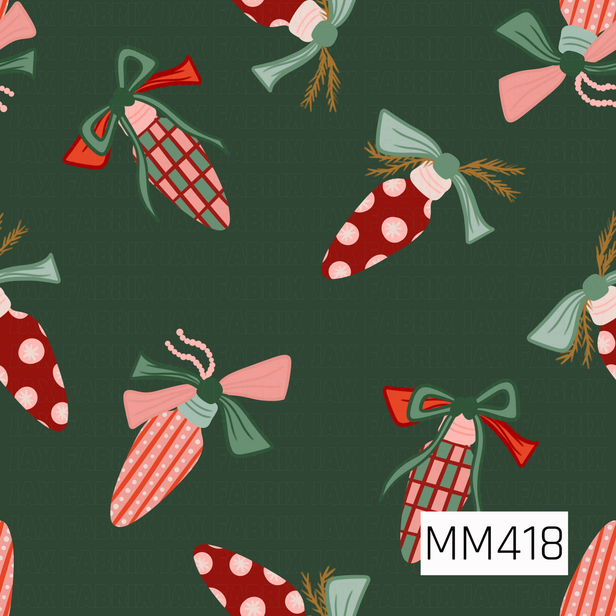 A playful Christmas pattern featuring oversized vintage-style light bulb ornaments decorated with stripes, polka dots, plaid, and snowflake details. Each ornament is finished with layered bows, ribbons, beads, and evergreen sprigs in shades of red, coral pink, sage, and mint, all set against a deep forest green background.

