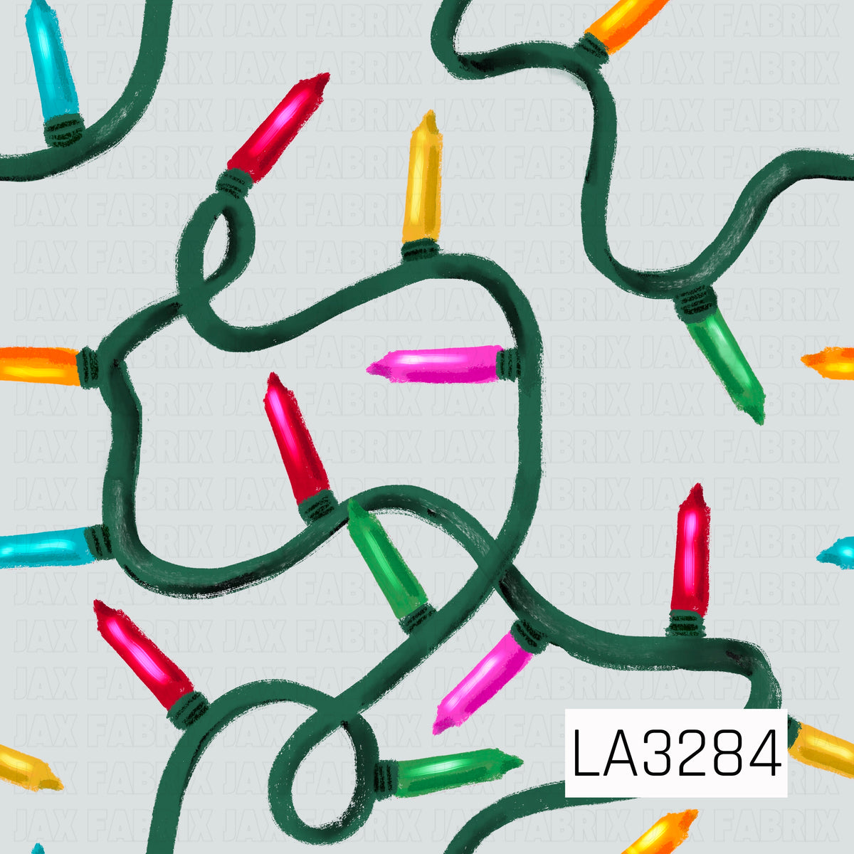A playful hand-painted Christmas light pattern featuring oversized colorful bulbs in bright red, pink, aqua, green, yellow, and orange connected by looping dark green cords. The soft light gray background keeps the design bright and airy while the textured brushstrokes add a whimsical, festive feel.
