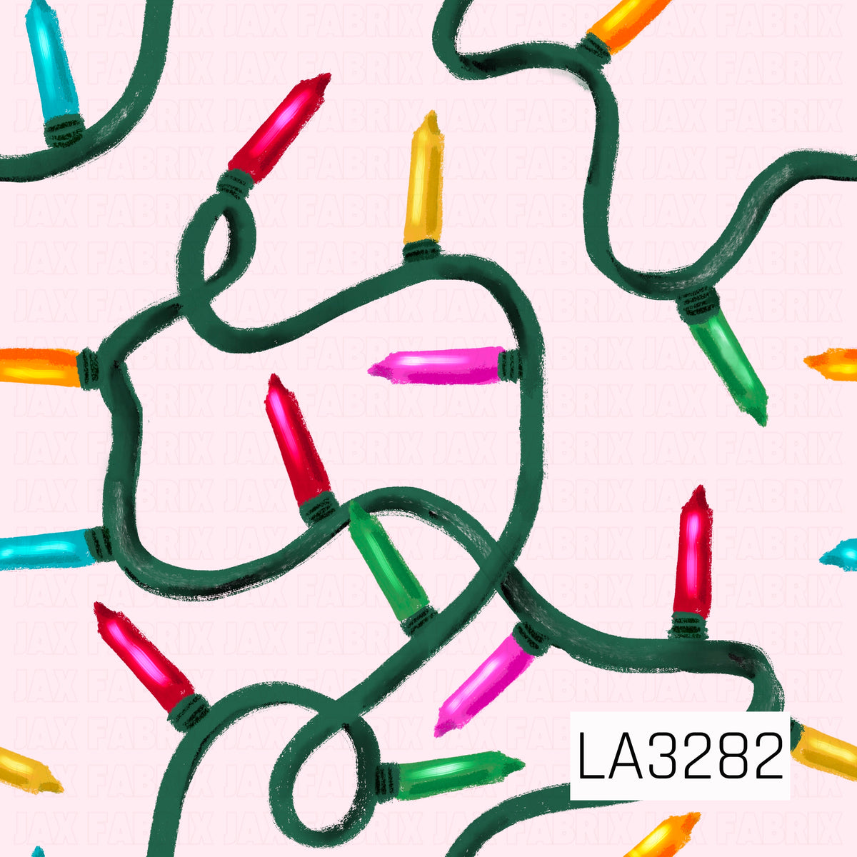 A playful hand-painted Christmas light pattern featuring oversized colorful bulbs in red, pink, aqua, green, yellow, and orange connected by looping dark green cords. Set against a soft blush pink background, the textured brushstrokes give it a whimsical, festive feel.
